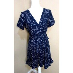 NWT LOCRYZ Swing Dress Women M Blue Polka Dot Ruffle